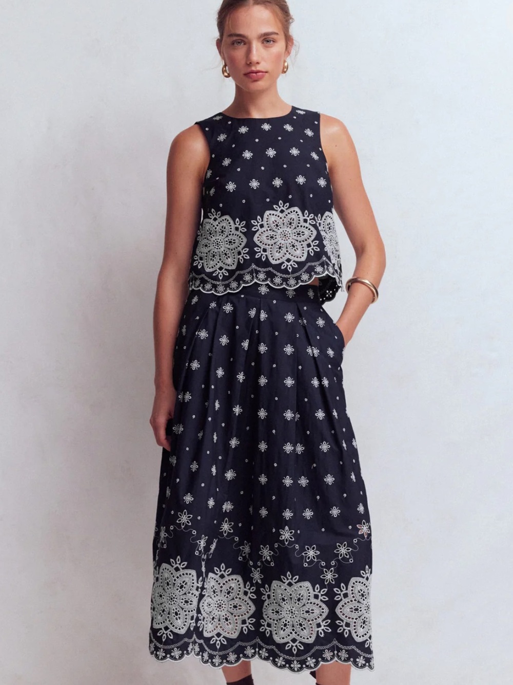 BODEN 2 Piece Set: Sofia Broderie Shell Top + Verity Broderie Poplin Skirt US 2